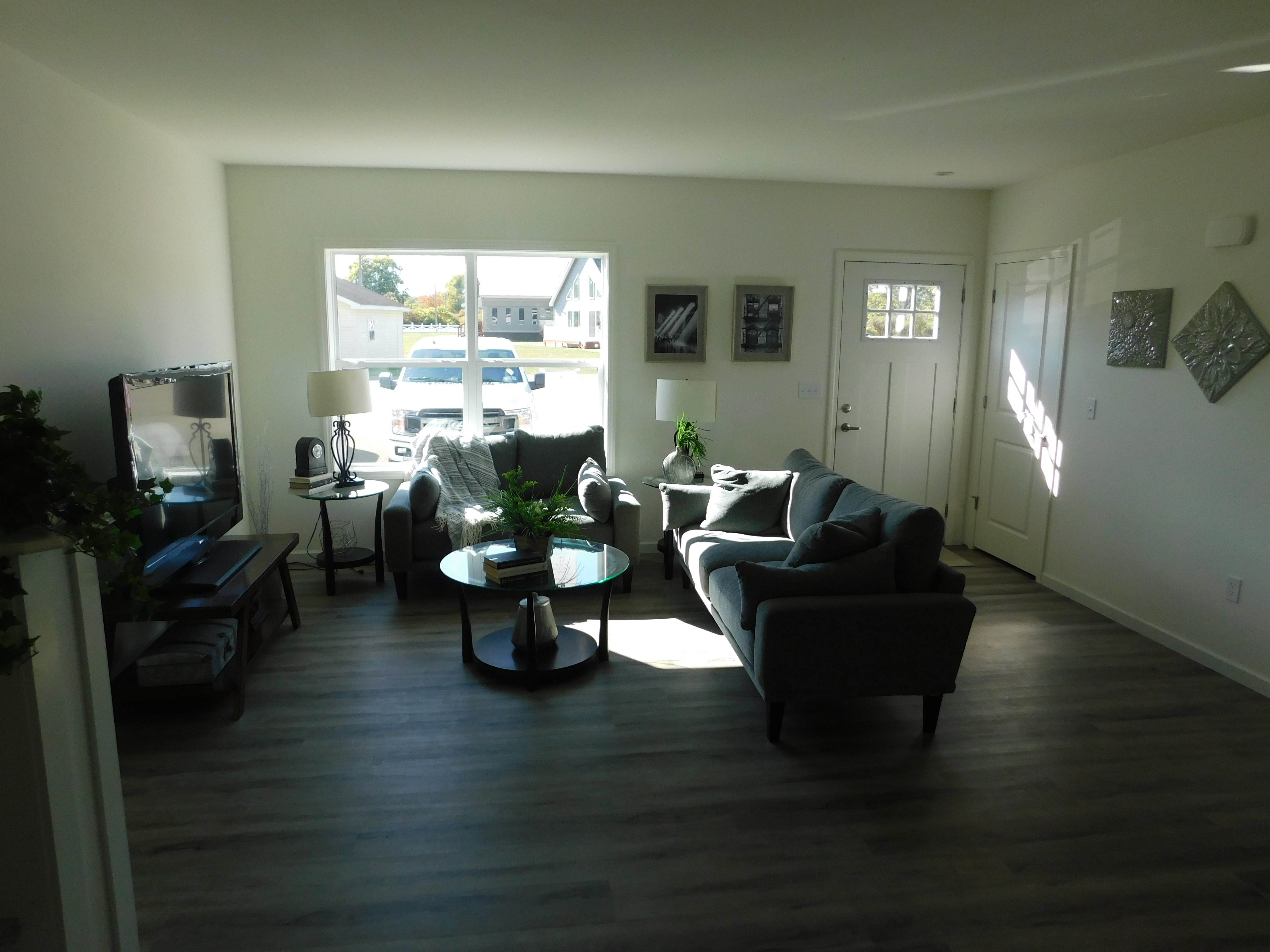 Living room with guest closet